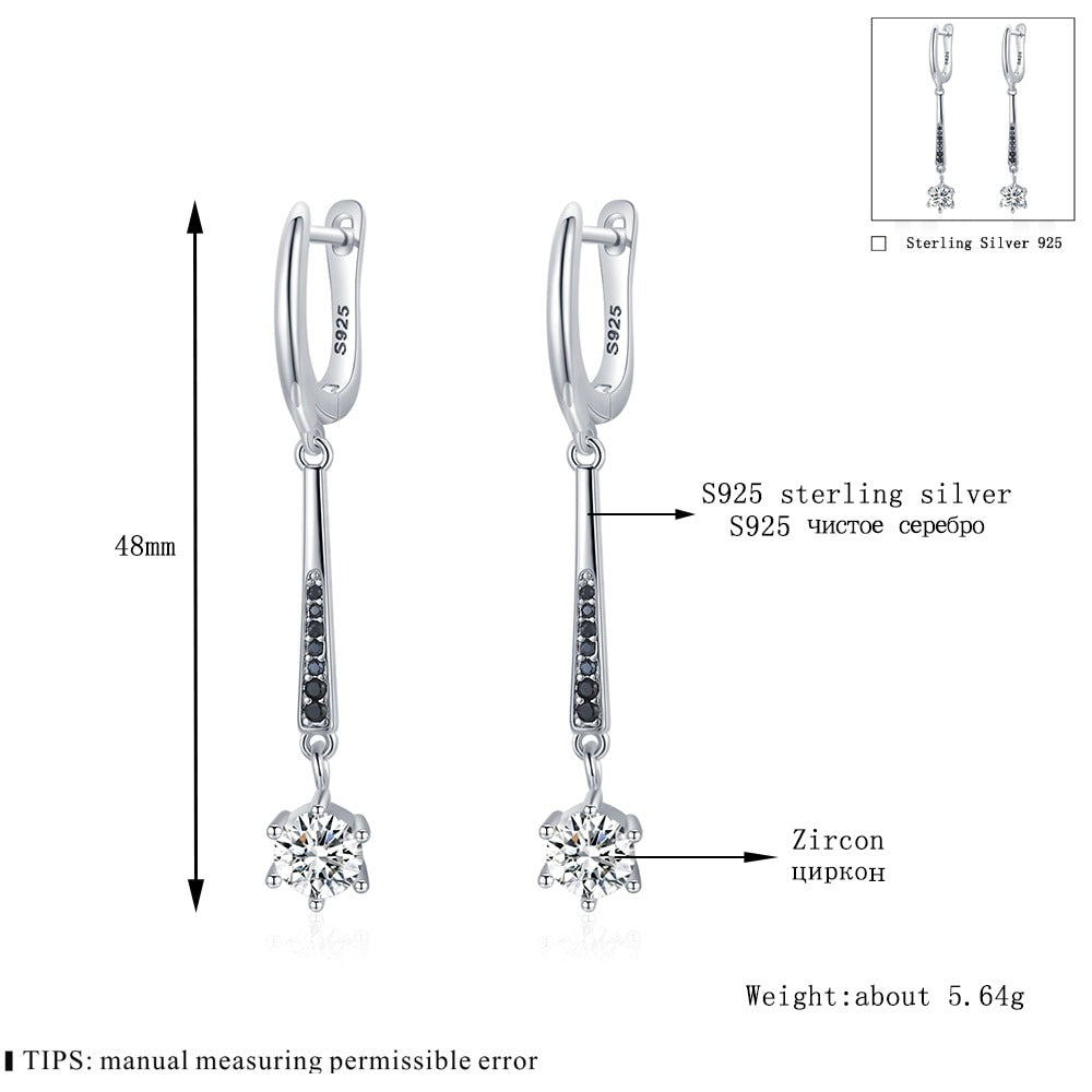Women Silver black long hoop one stone earrings