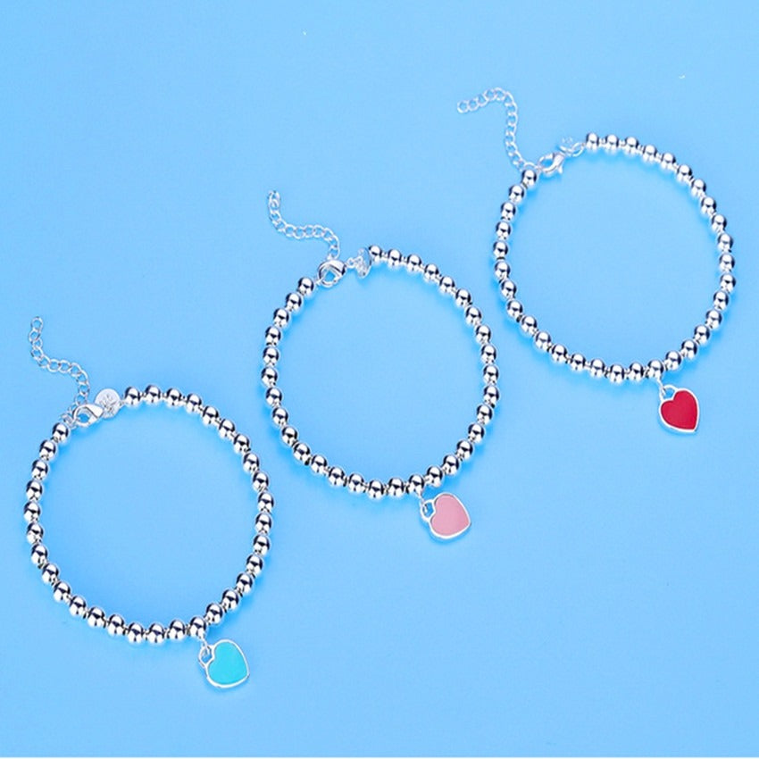 Women silver beads heart bracelet