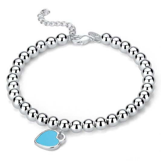 Women silver bead bracelet blue heart