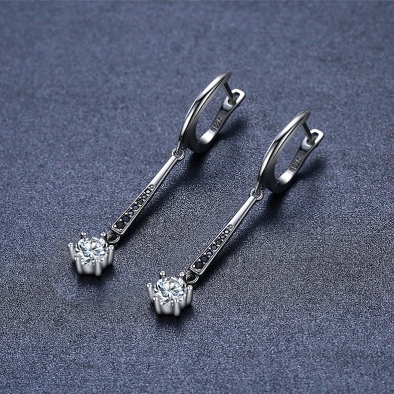 Women Silver black long hoop one stone earrings