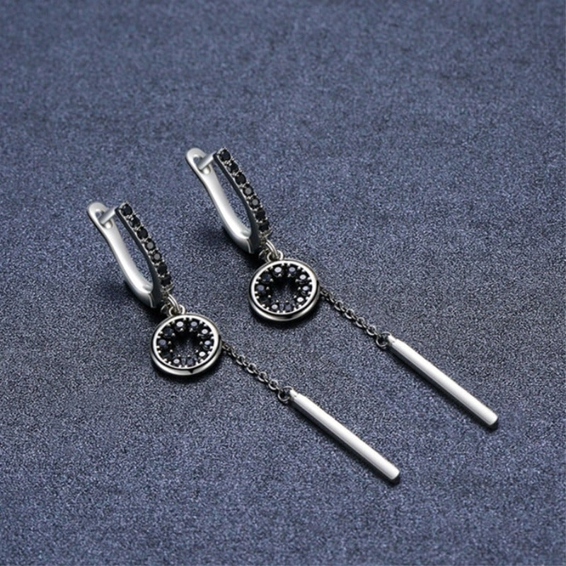 Women silver black cz long earrings