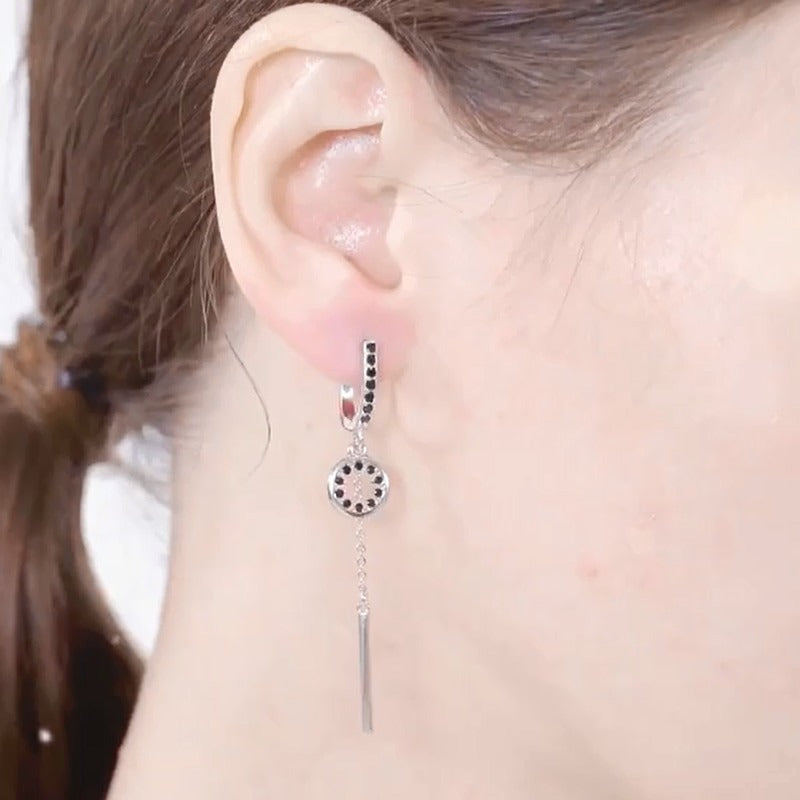 Women silver black cz long earrings