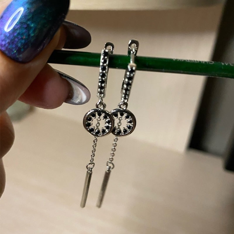 Women silver black cz long earrings