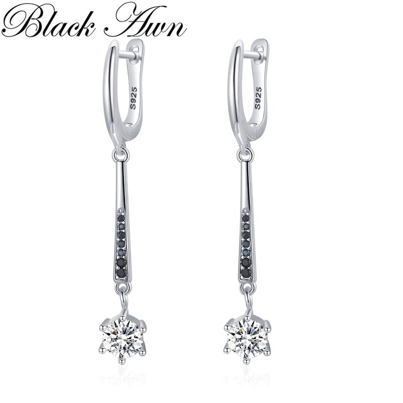 Women Silver black long hoop one stone earrings