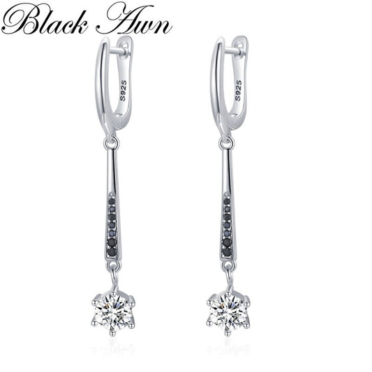 Women Silver black long hoop one stone earrings