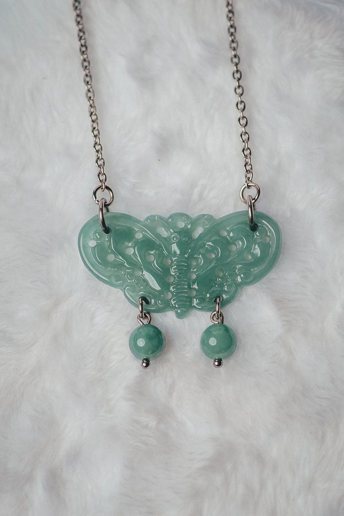 Handmade Green Jadeite Butterfly Necklace with Dangle Beads